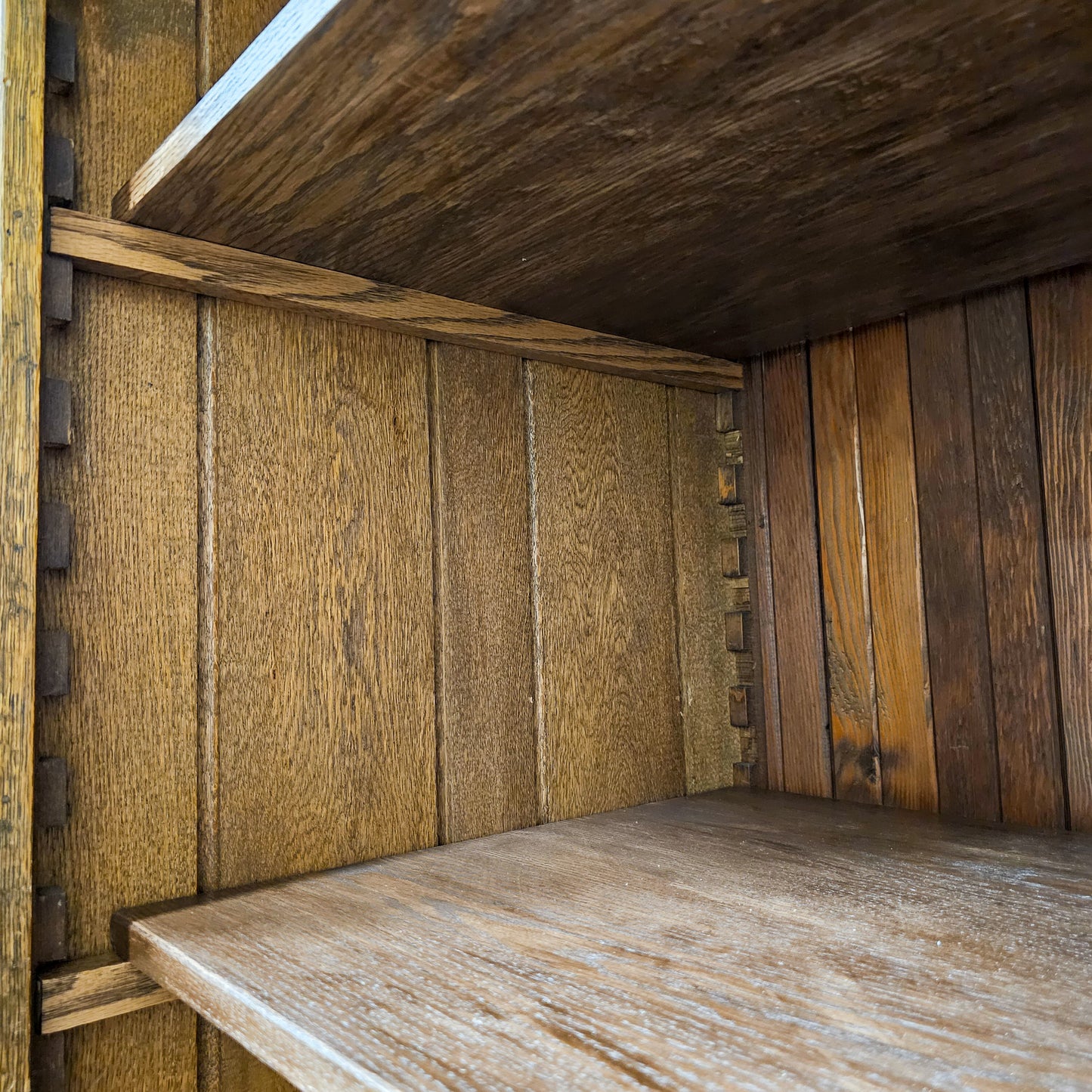 Antique Oak General Store Cabinet with Glass Sliding Doors