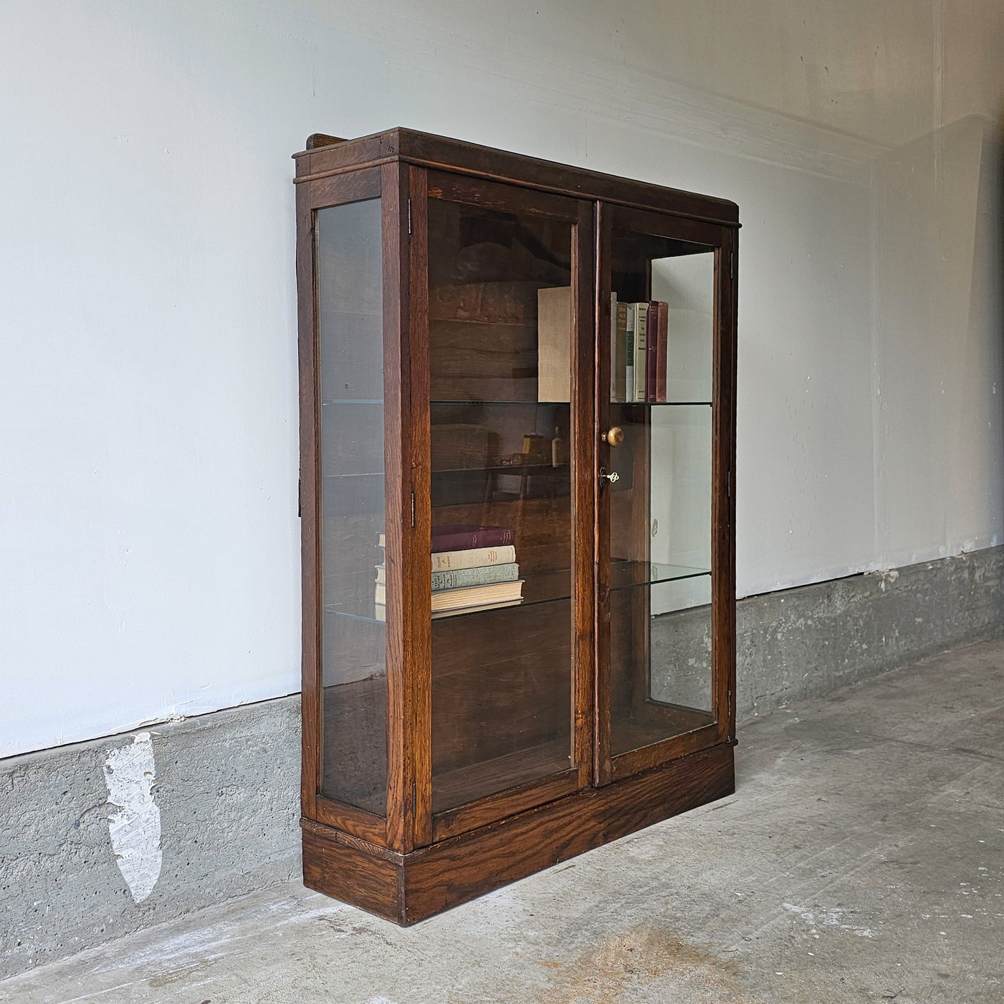 Antique Oak Bookcase Cabinet with Glass Front Doors (Circa 1930s–1940s)