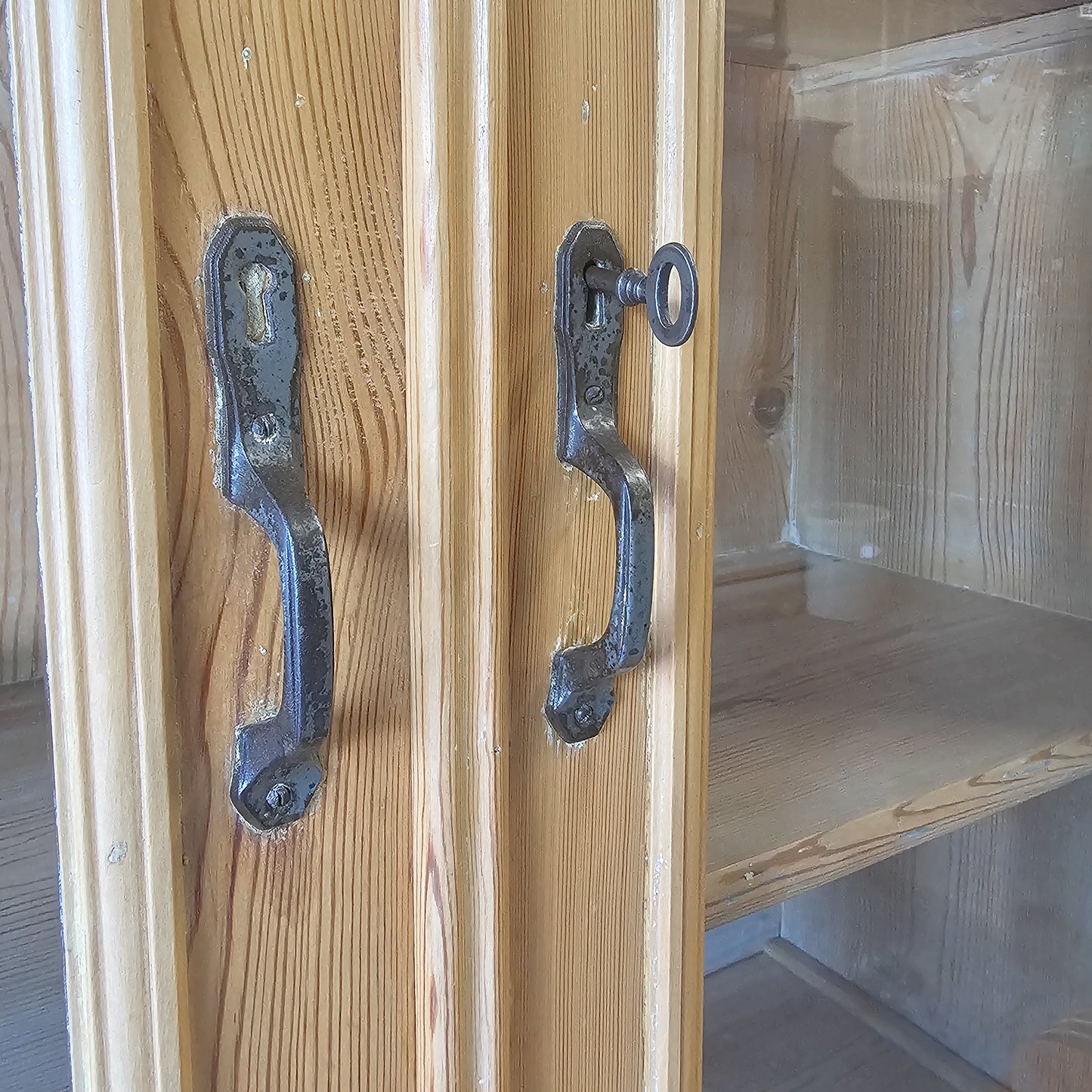 Antique pine hutch with glass doors - two pieces