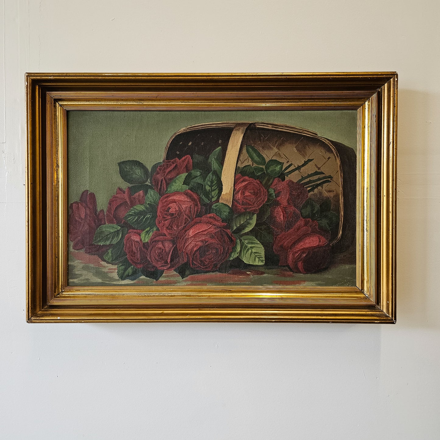 Antique Still Life Oil Painting of Red Roses in Basket | Framed Floral Wall Art