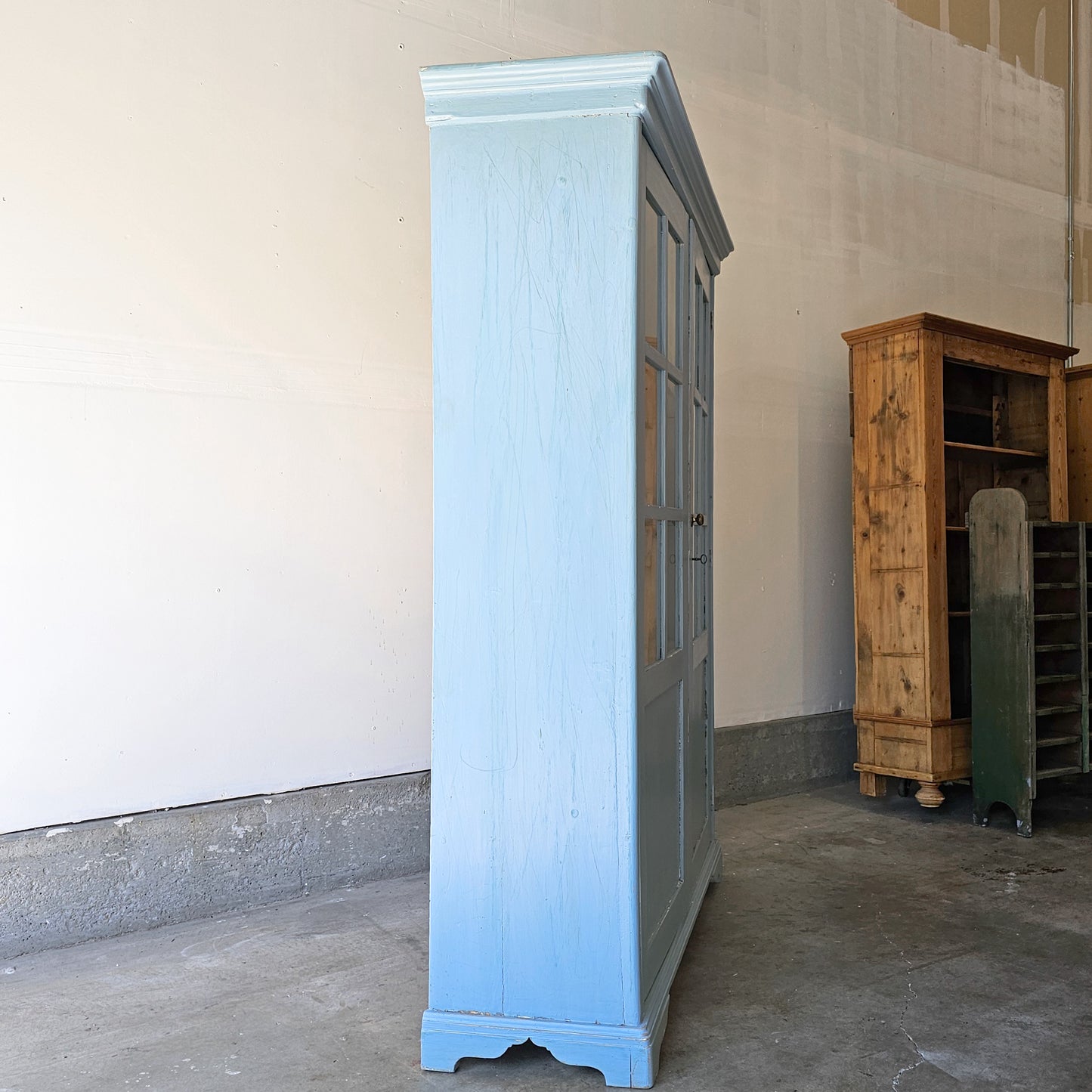 Antique Pine Display Cabinet with Distressed Blue Paint