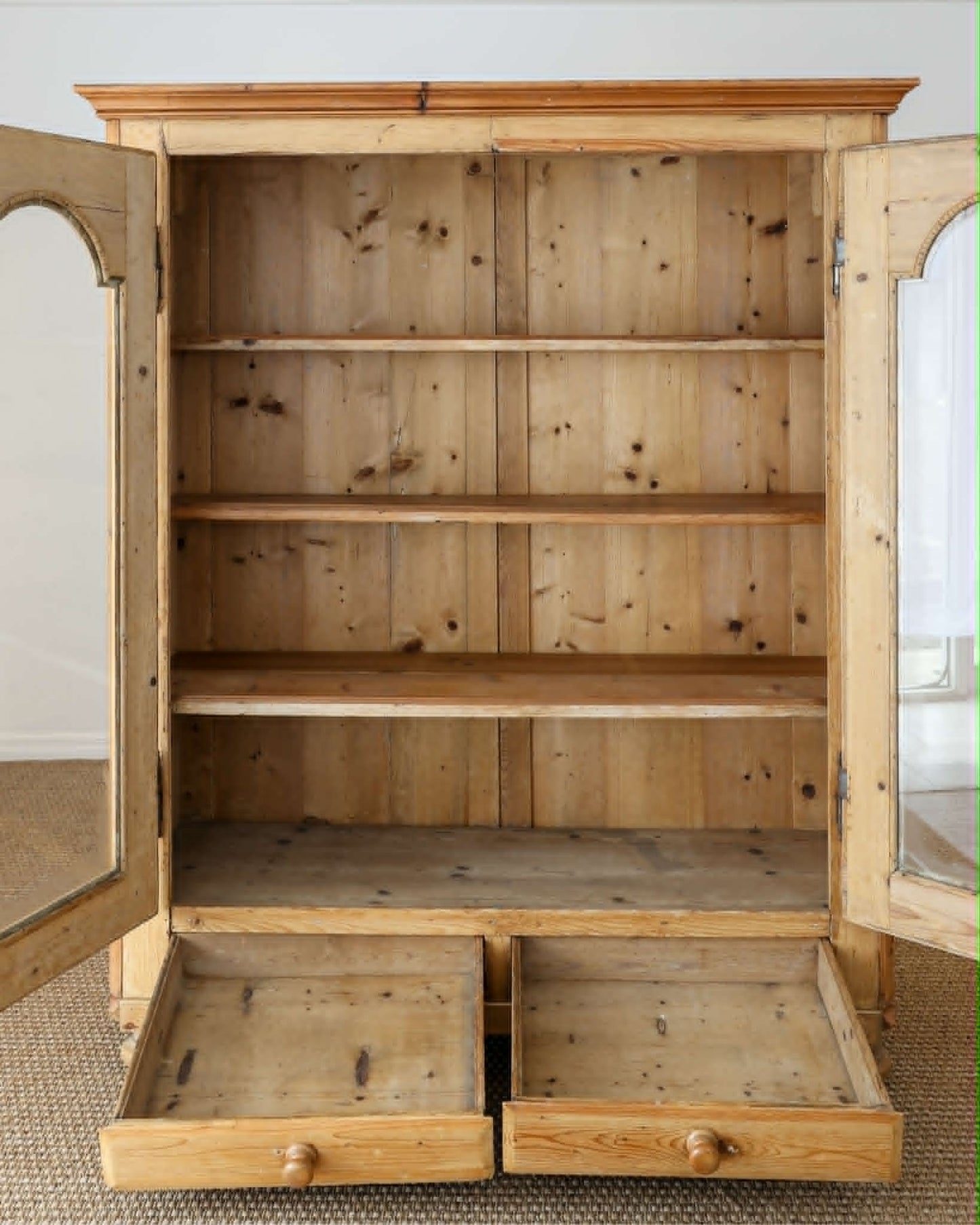 Antique English Pine Glazed Cabinet with Drawers - Circa 1860