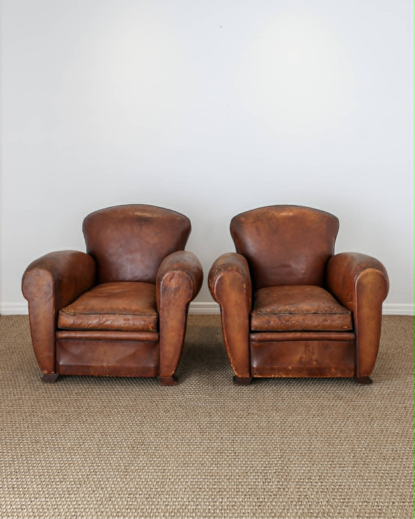 Pair of Antique French Leather Club Chairs - Circa 1920s