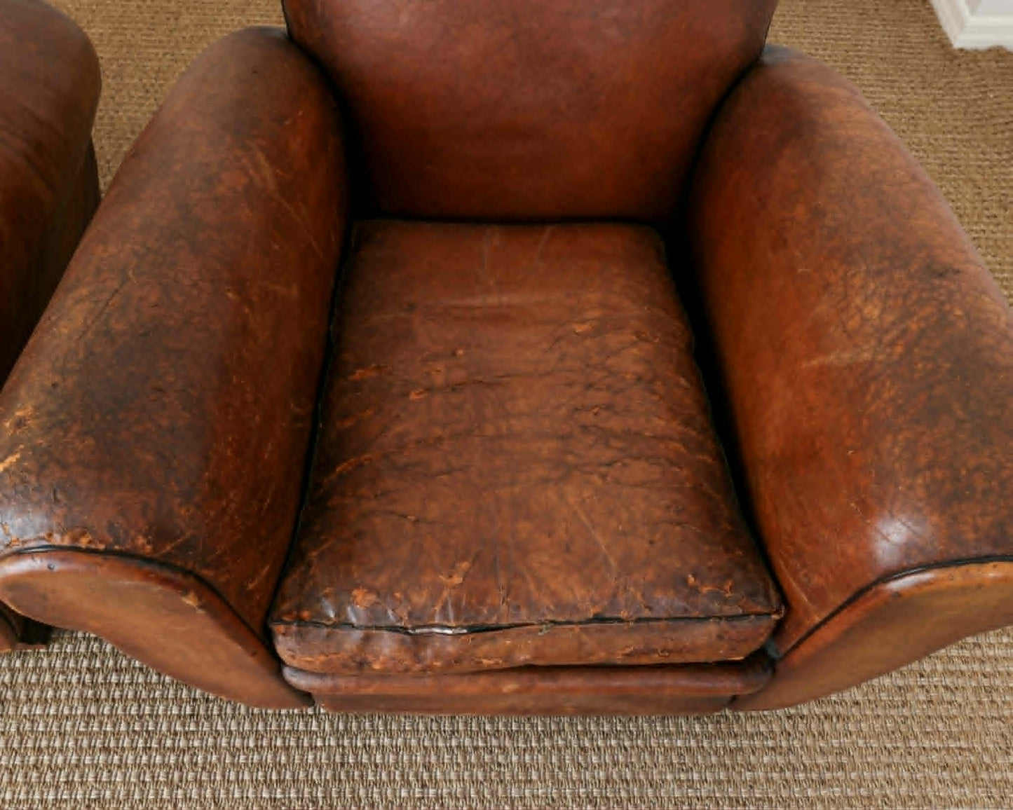 Pair of Antique French Leather Club Chairs - Circa 1920s