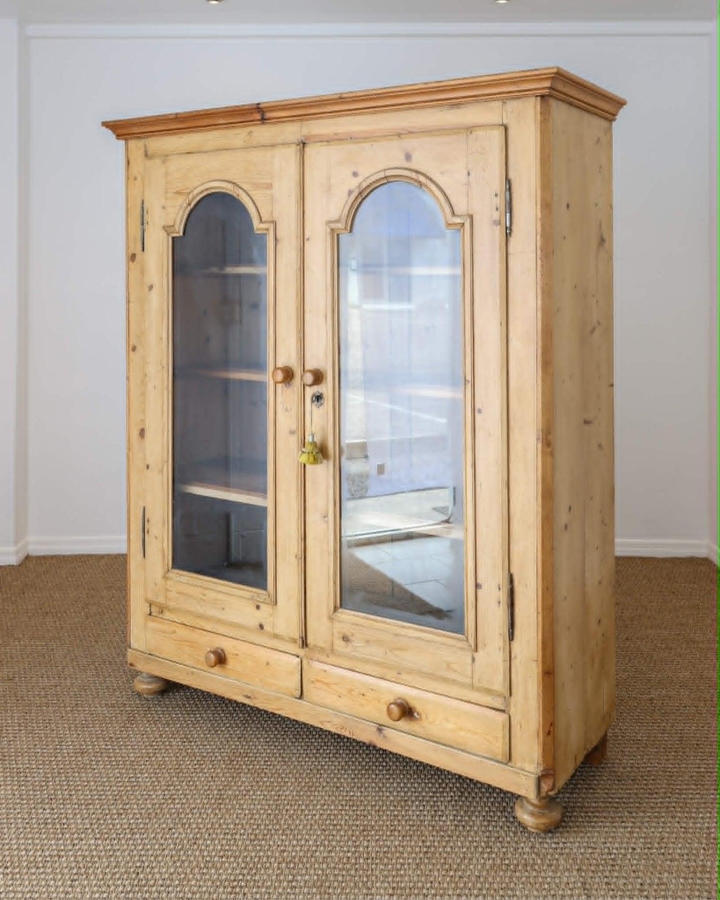 Antique English Pine Glazed Cabinet with Drawers - Circa 1860