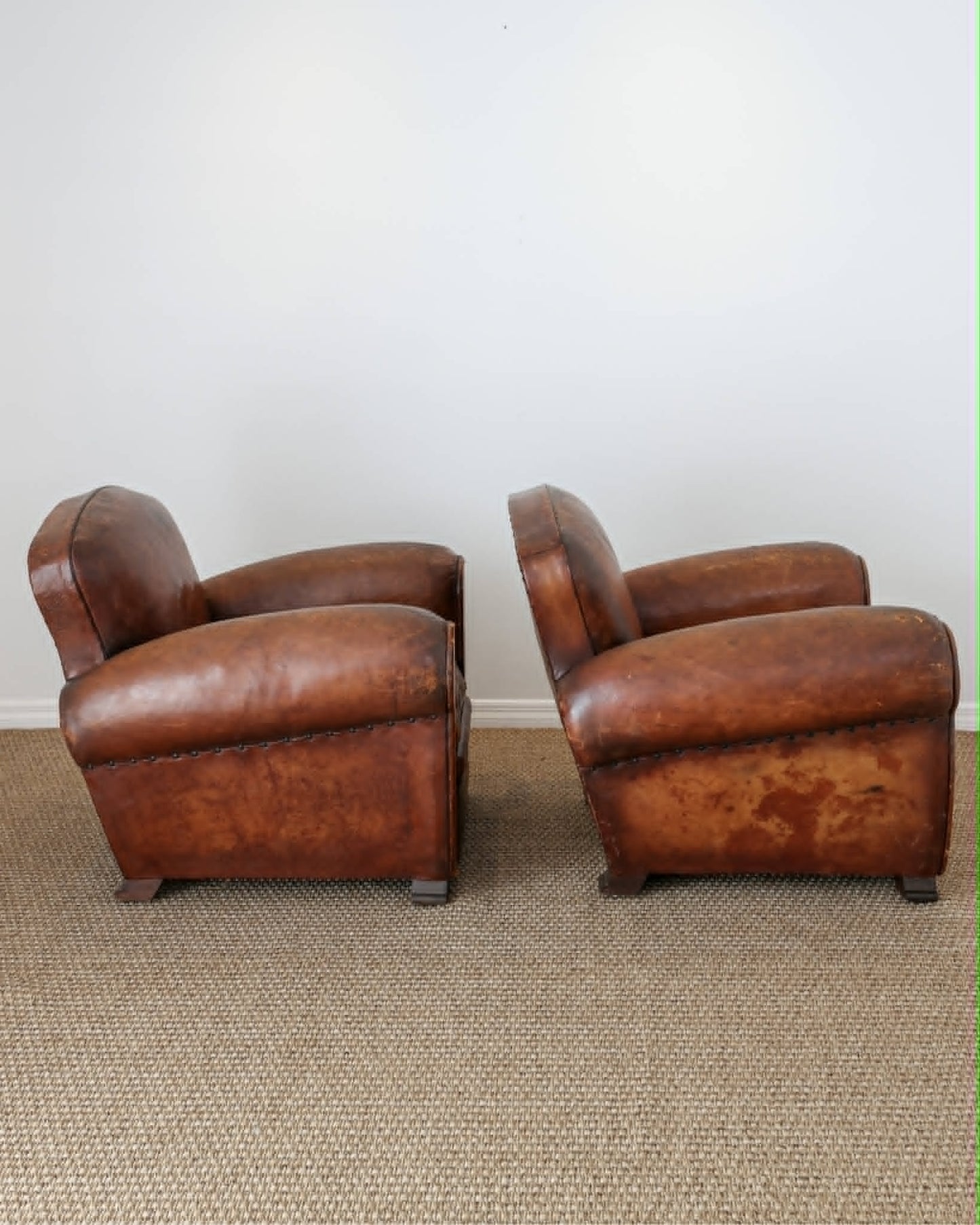 Pair of Antique French Leather Club Chairs - Circa 1920s