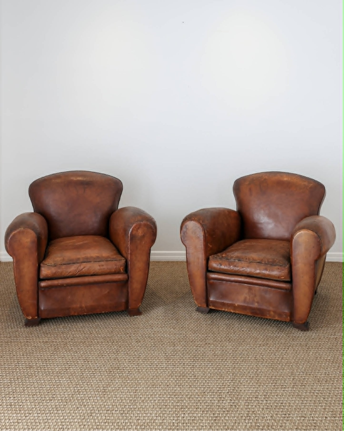 Pair of Antique French Leather Club Chairs - Circa 1920s