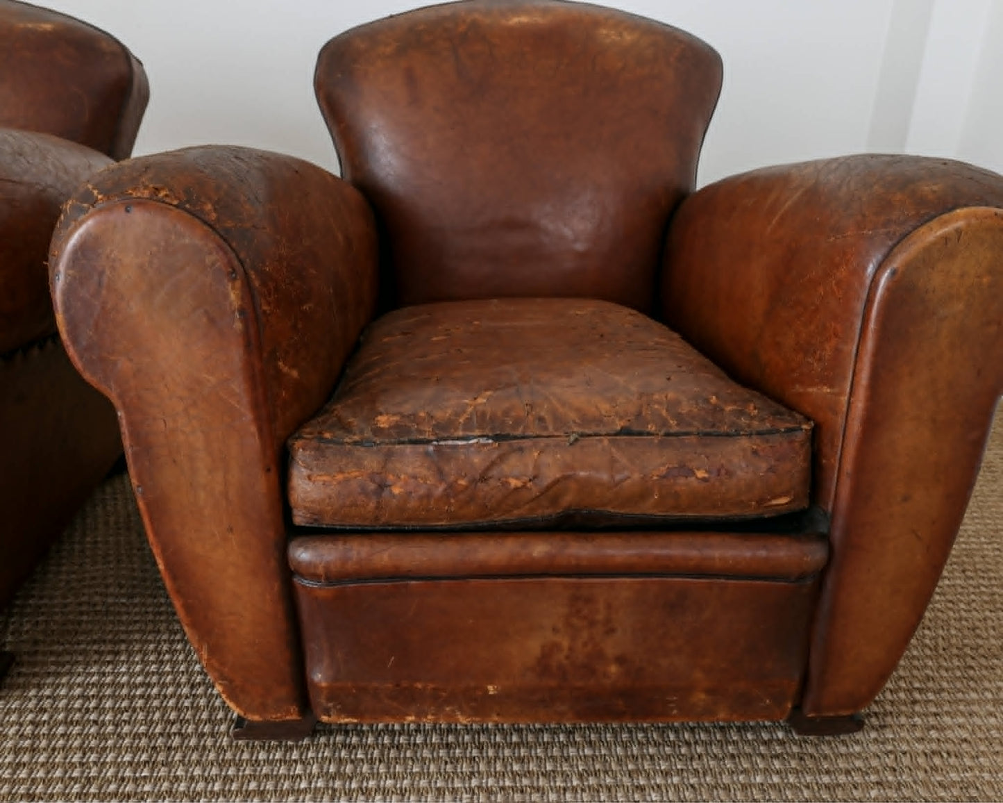 Pair of Antique French Leather Club Chairs - Circa 1920s
