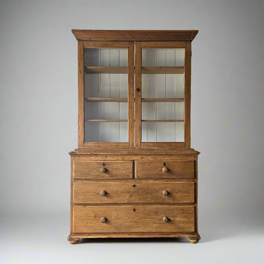Large Antique English Pine Hutch With Glass Doors