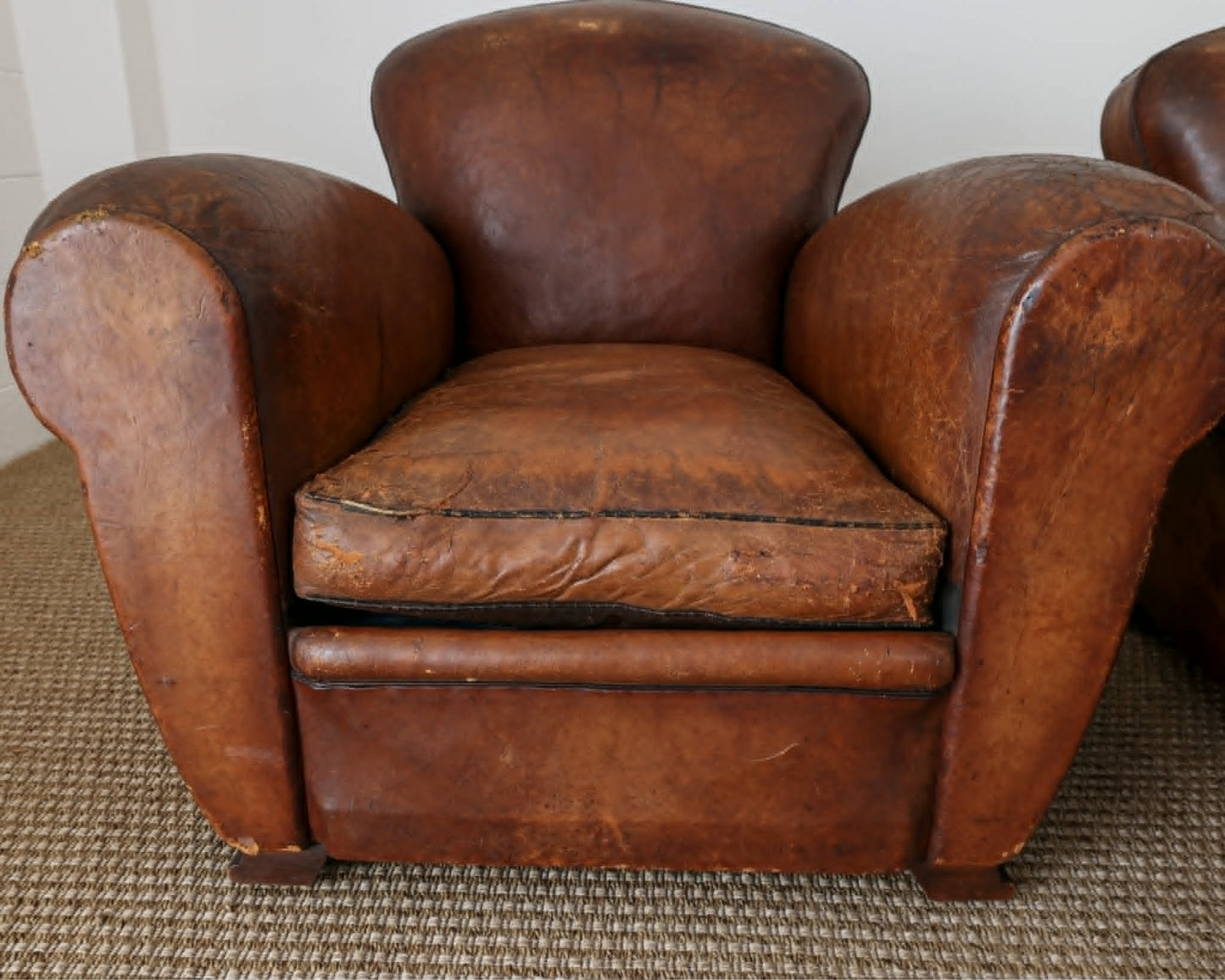 Pair of Antique French Leather Club Chairs - Circa 1920s