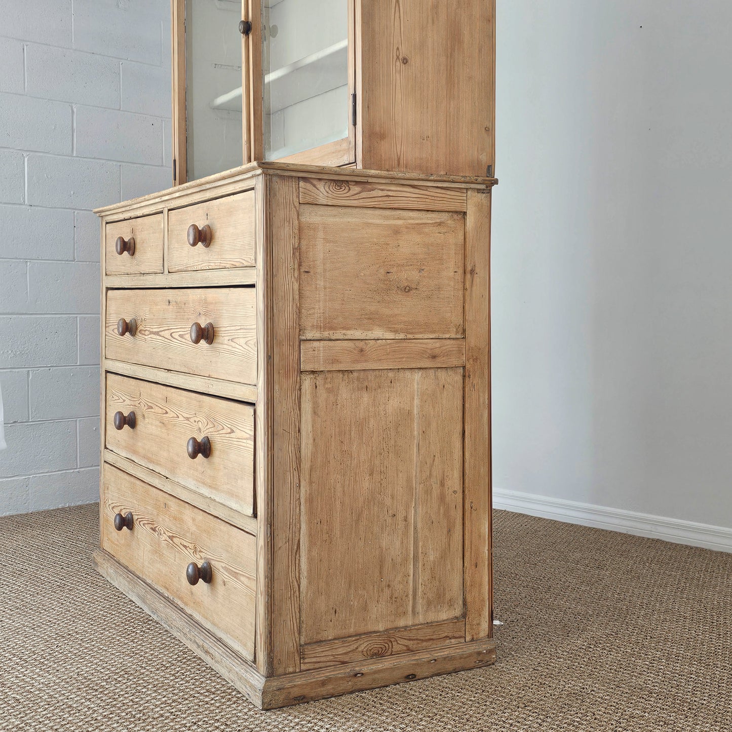 Antique English Pine Glazed Dresser Display Cabinet - Circa 1880