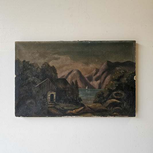 Antique Oil Painting on Canvas – Rustic Mountain & Lake Landscape