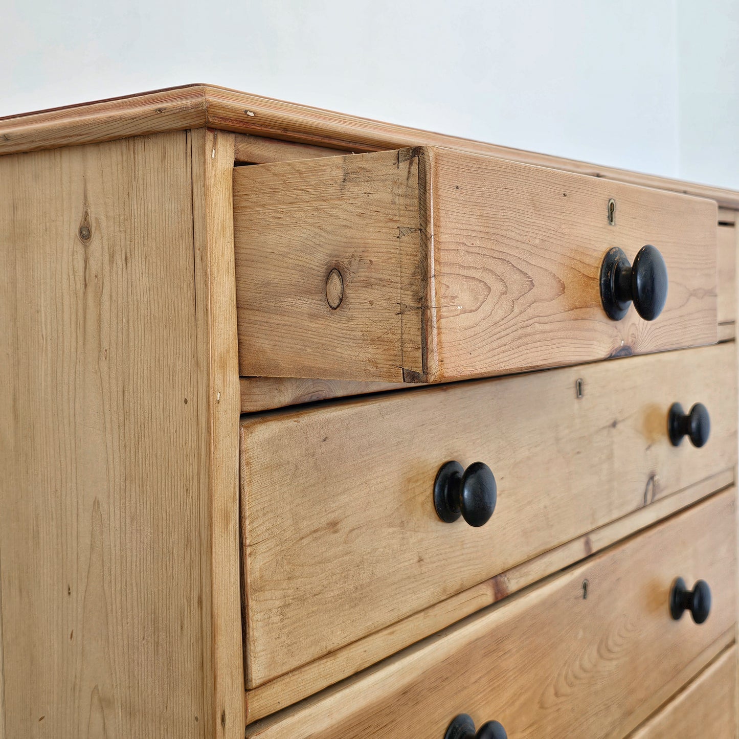 Antique English Pine Chest of Drawers (Dresser) with Dark Knobs - Circa 1880