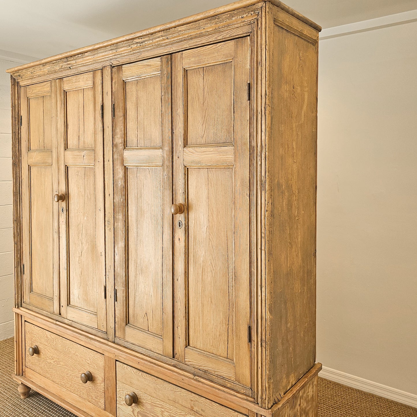 Monumental Antique English Pine Housekeeper’s Cupboard / Linen Press, Circa 1880