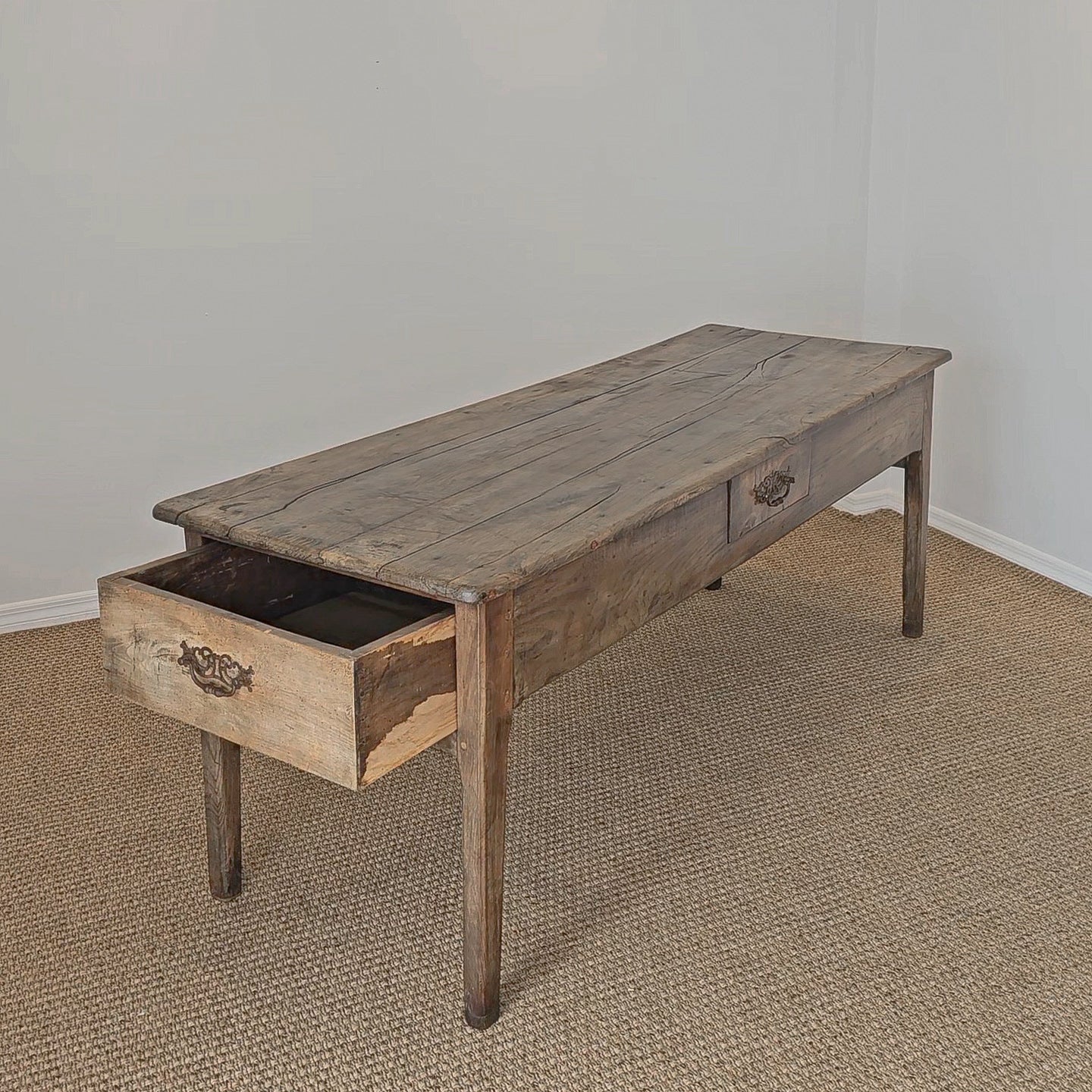 Antique French Elm Farm Dining Table with Drawers - Circa 1870