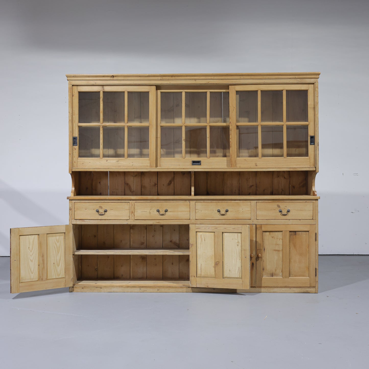 Massive Antique Pine Glazed Dresser with Sliding Doors | Circa 1880
