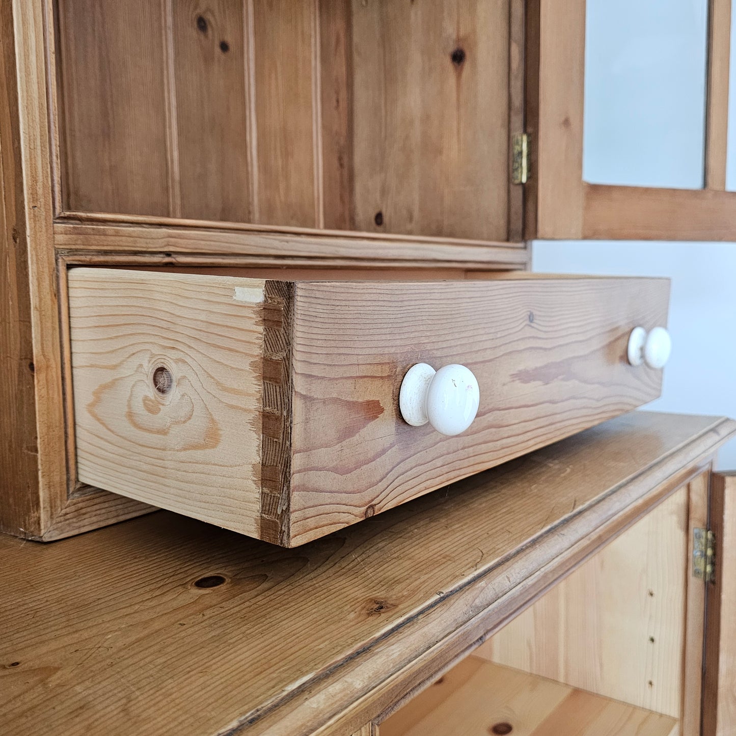 Vintage English Pine Kitchen Hutch with Plate Rack & Wine Storage