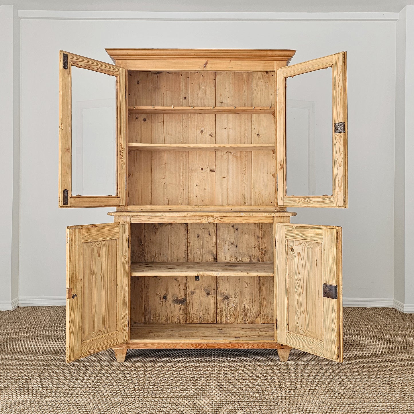 Antique Pine Glass Door Hutch Cabinet | Circa 1890