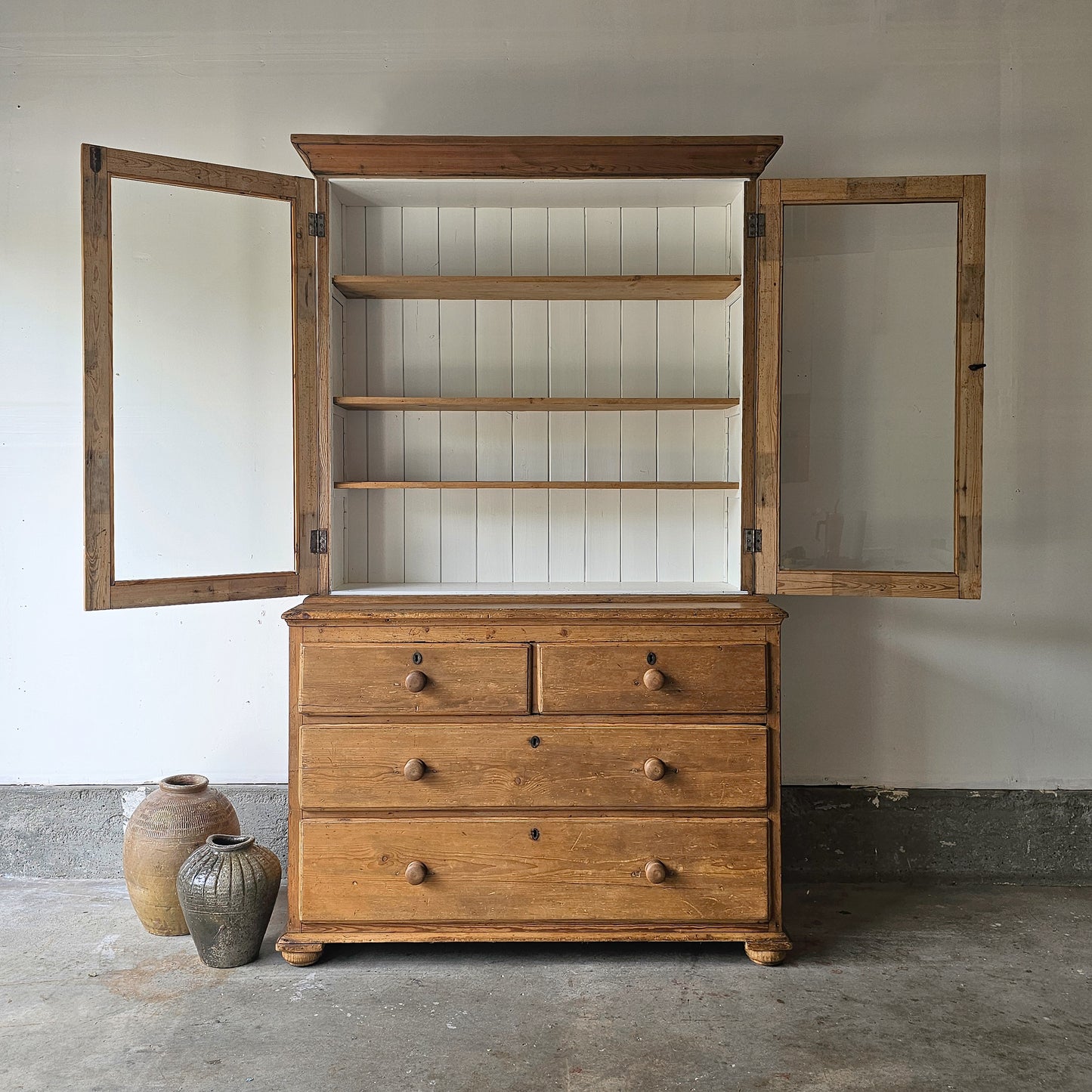 Large Antique English Pine Hutch With Glass Doors
