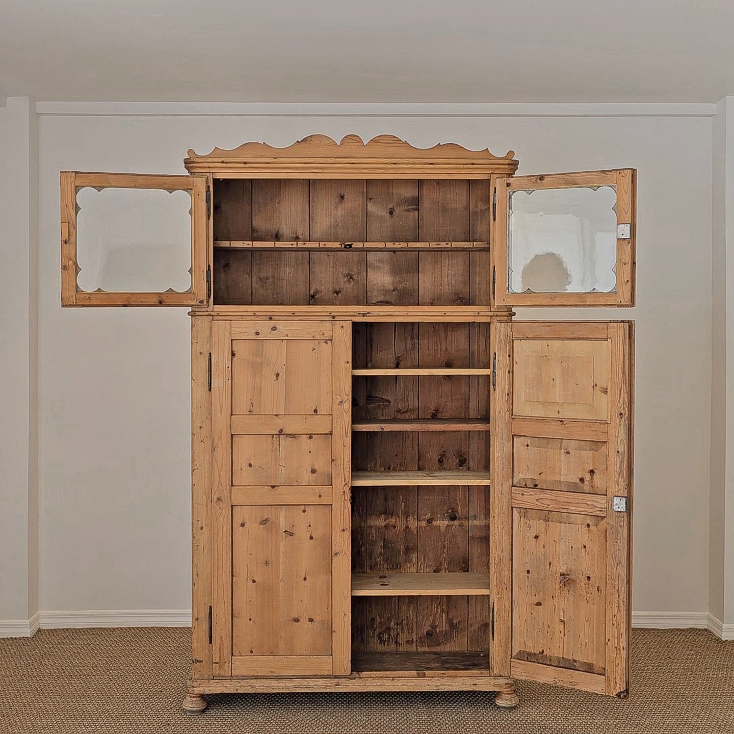 Antique Dutch Pine Kitchen Cabinet with glass doors