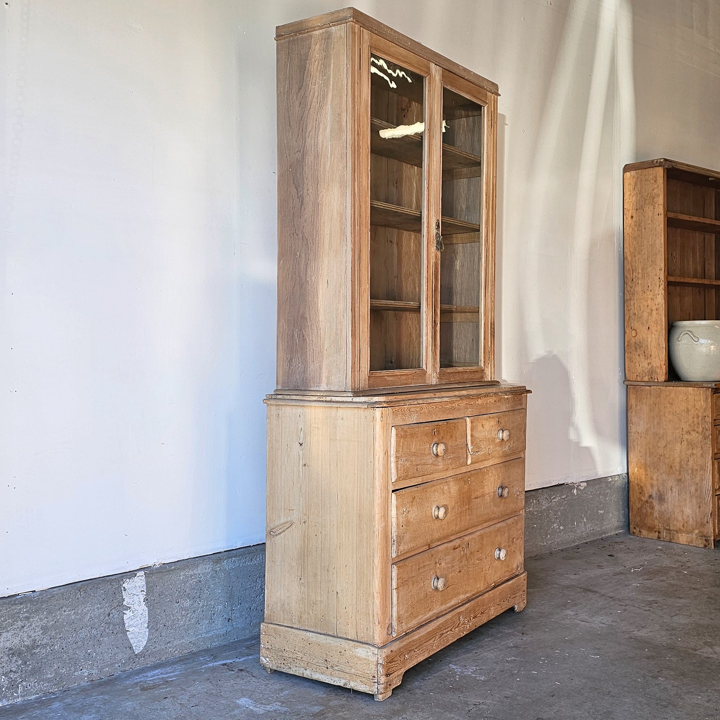 Antique English Pine Glazed Dresser / Bookcase - Circa 1880