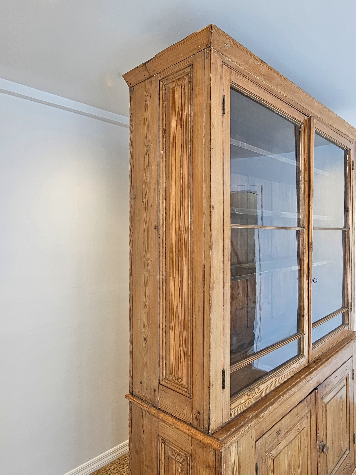 Grand Antique English Pine Cabinet with Glass Doors - Circa 1890