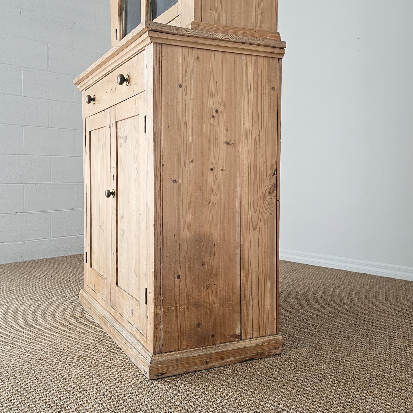 Antique English Pine Farmhouse Hutch with Glass Doors | Circa 1870