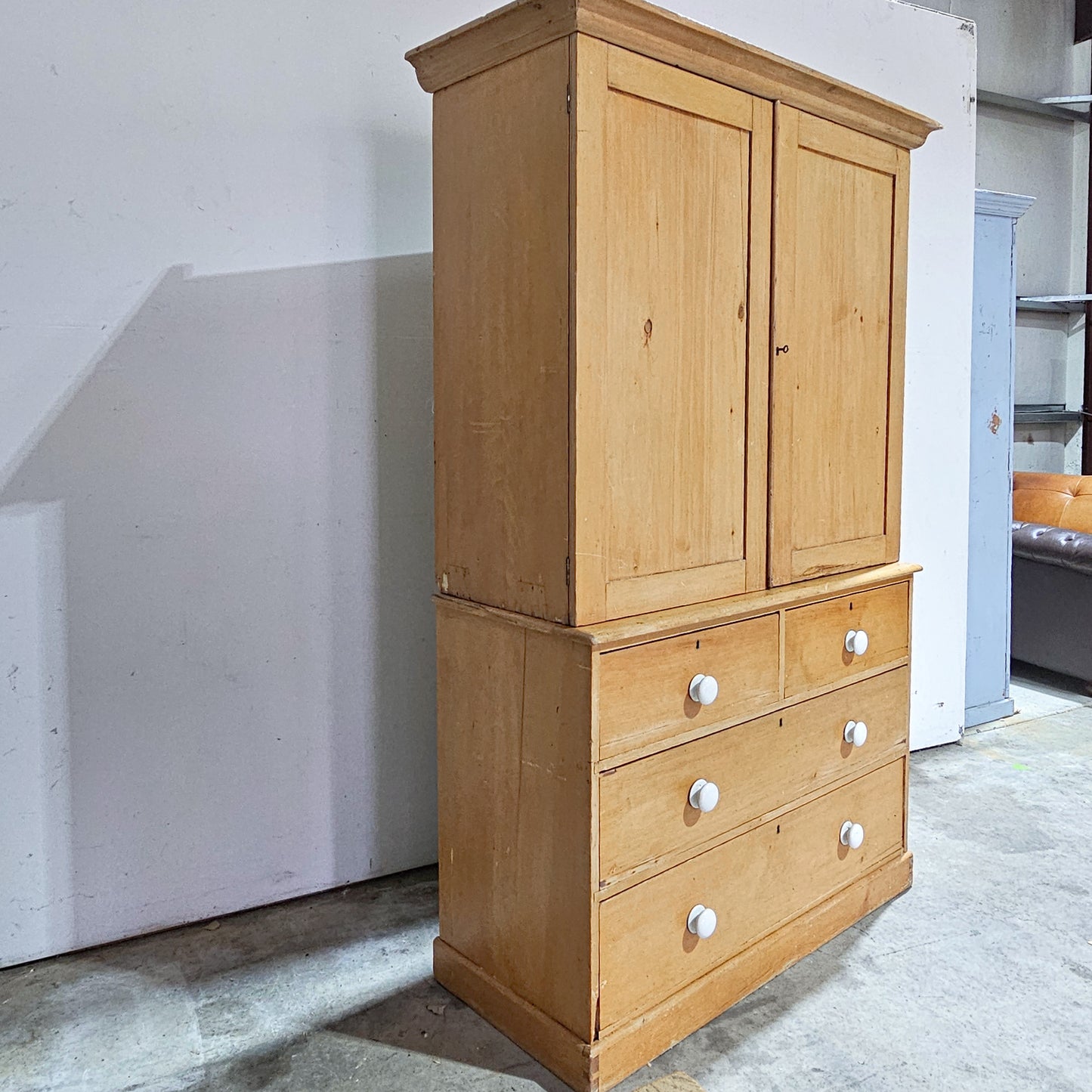 Antique English Pine Linen Press / Wardrobe - Circa 1890