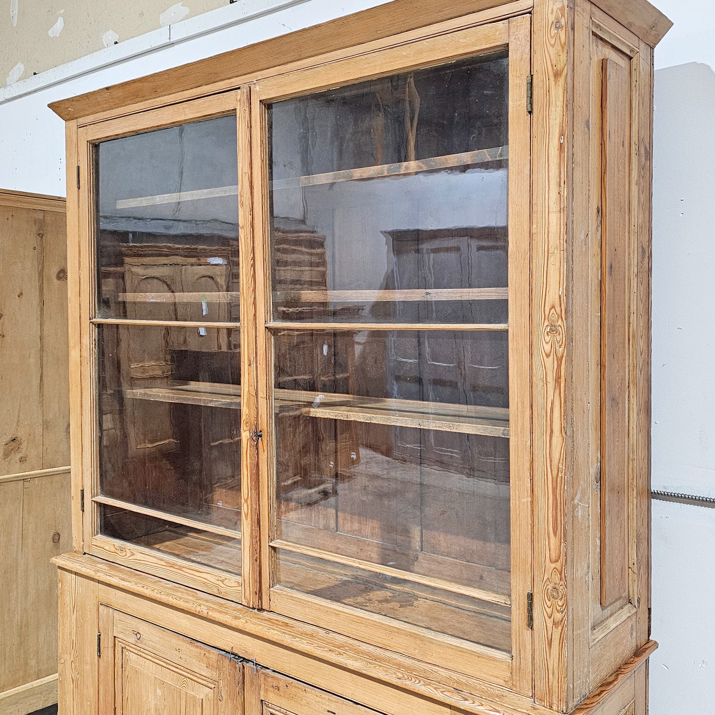 Grand Antique English Pine Cabinet with Glass Doors - Circa 1890