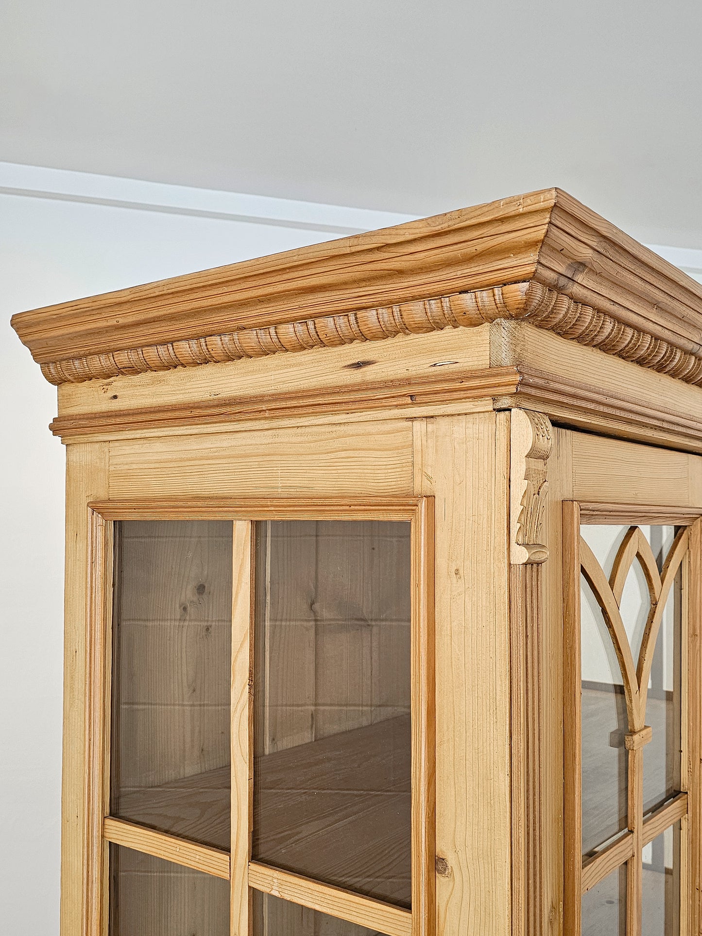 Antique English Pine Display Cabinet with glass doors
