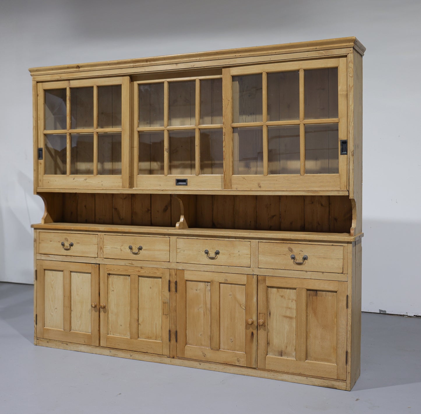 Massive Antique Pine Glazed Dresser with Sliding Doors | Circa 1880