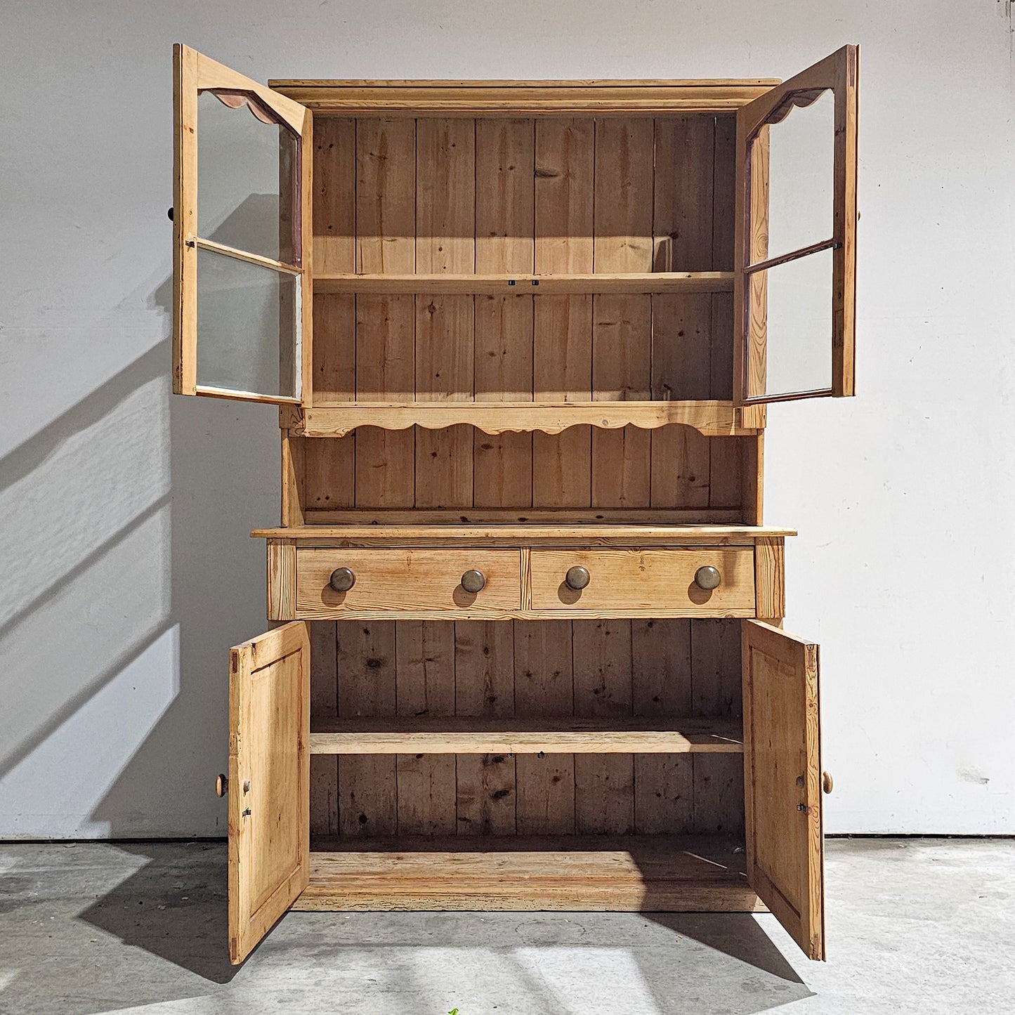 Antique English Pine Hutch with Glass Doors - Circa 1880