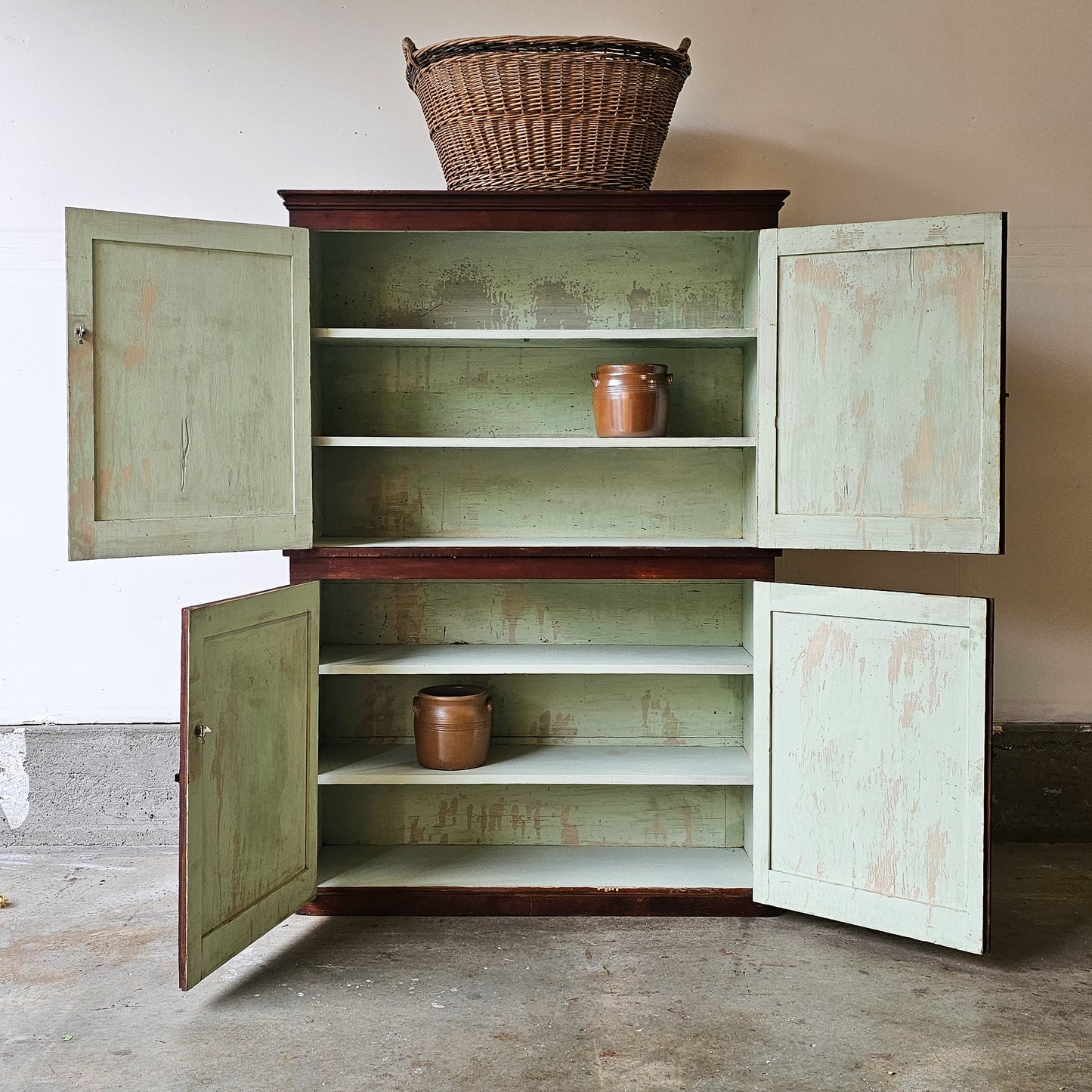 Antique fir cabinet - green painted interior