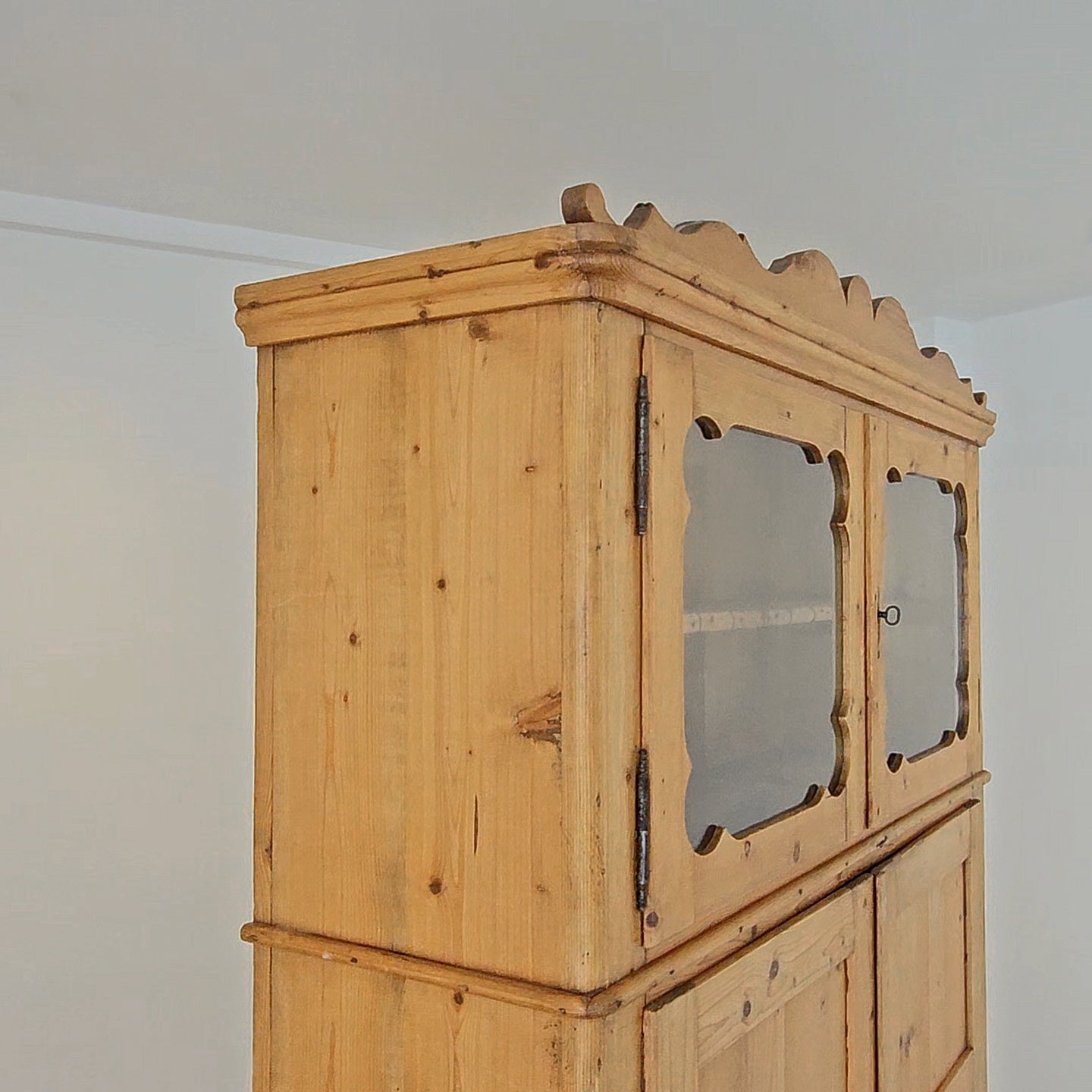 Antique Dutch Pine Kitchen Cabinet with glass doors