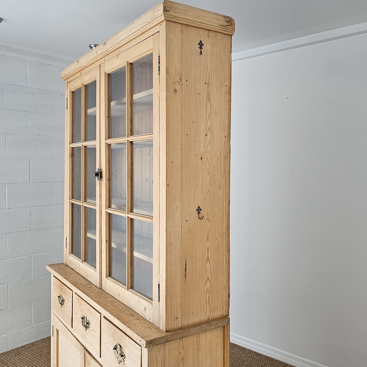 Antique English Pine Glass Door Hutch Cabinet | Circa 1880