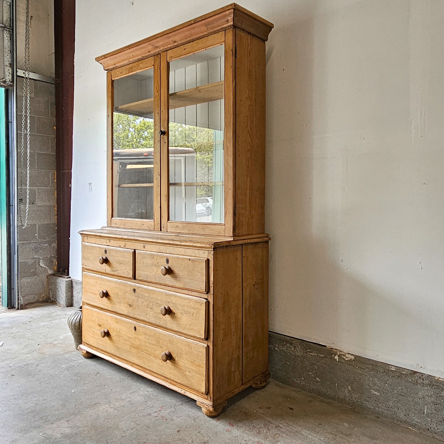 Large Antique English Pine Hutch With Glass Doors