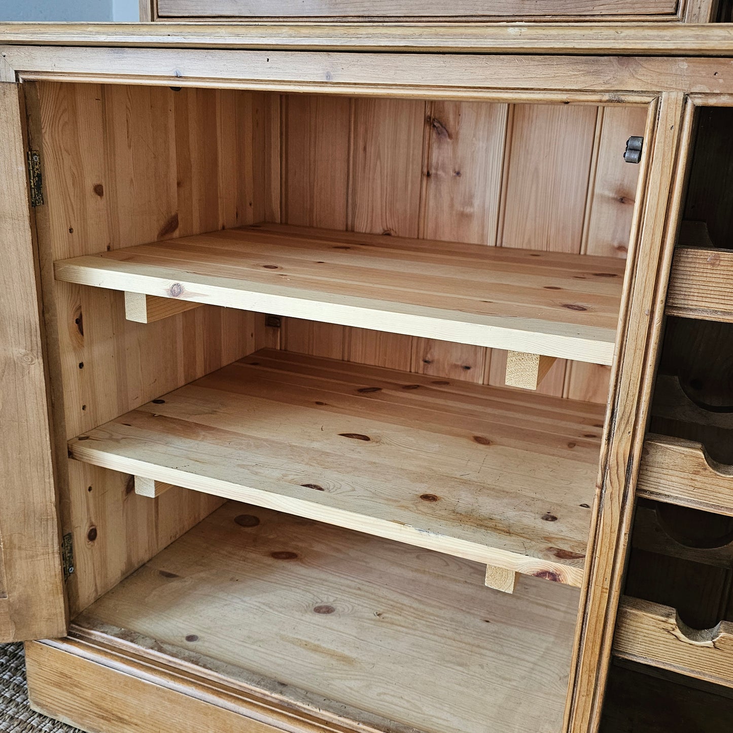 Vintage English Pine Kitchen Hutch with Plate Rack & Wine Storage