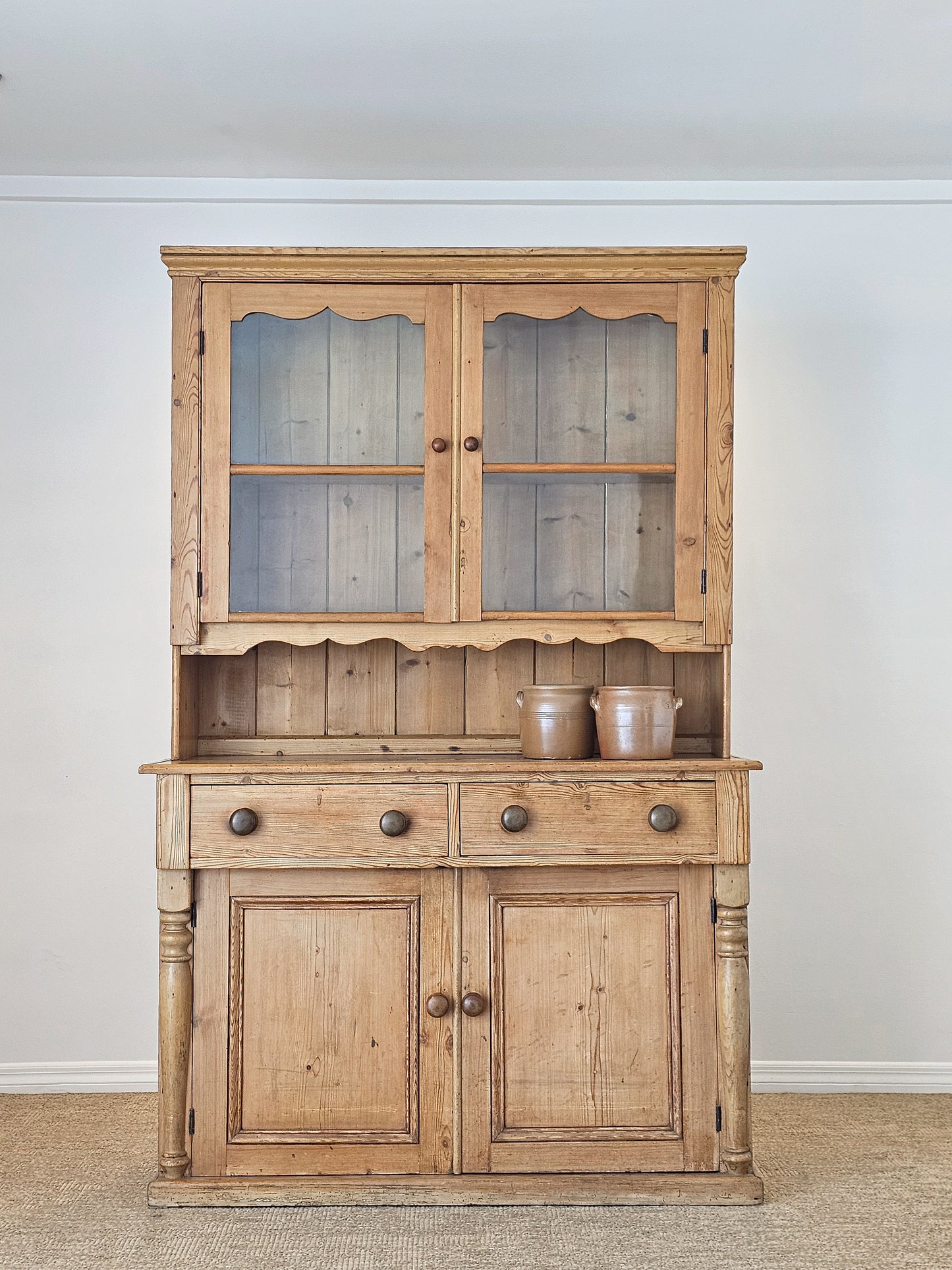 Antique English Pine Hutch with Glass Doors - Circa 1880