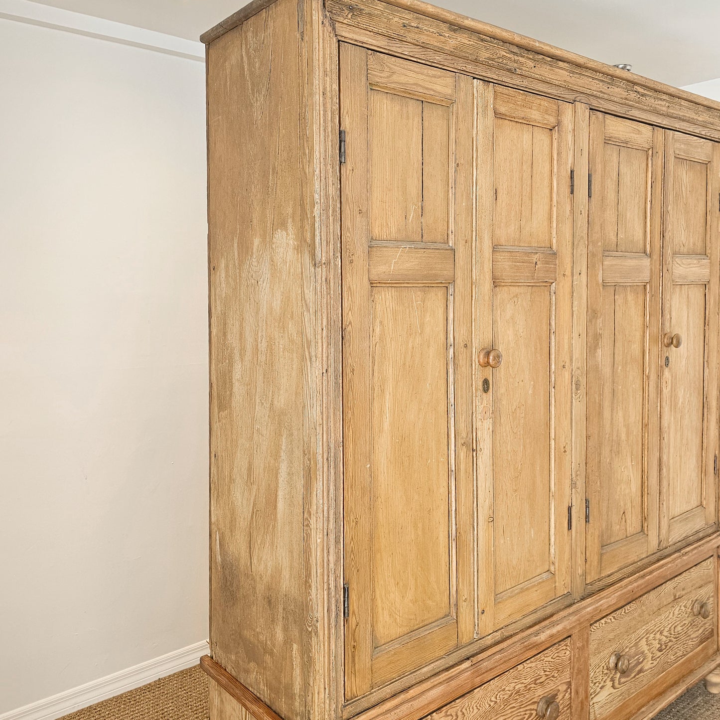 Monumental Antique English Pine Housekeeper’s Cupboard / Linen Press, Circa 1880
