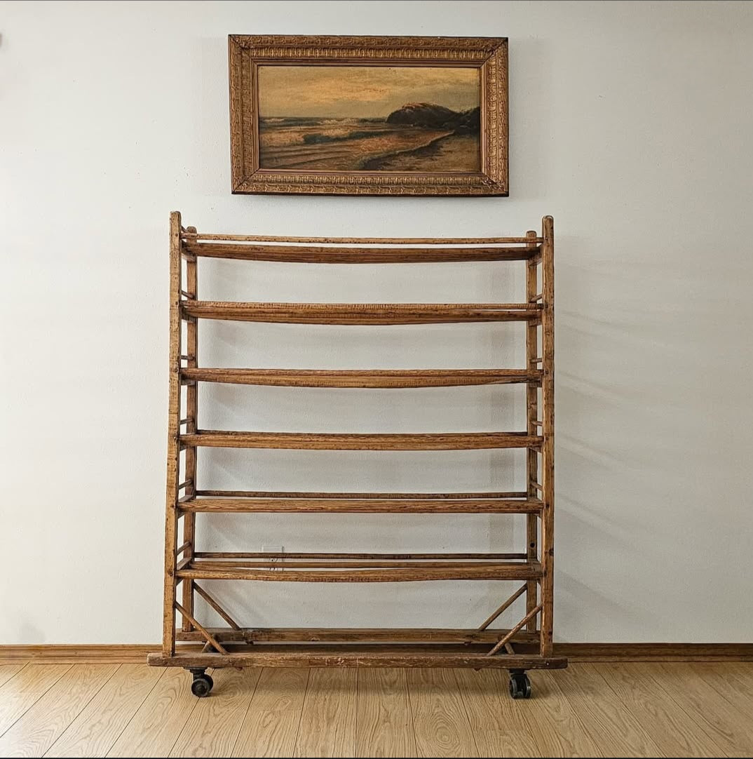 Antique Wooden Bakery Rack on Casters