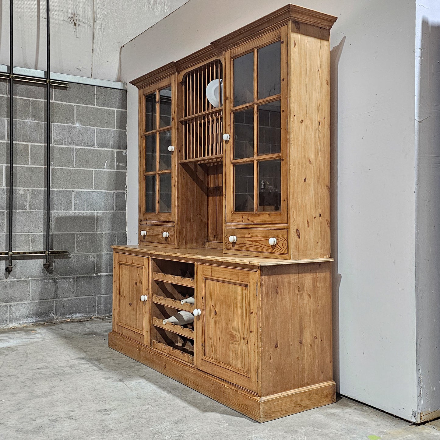 Vintage English Pine Kitchen Dresser with Plate Rack & Wine Storage