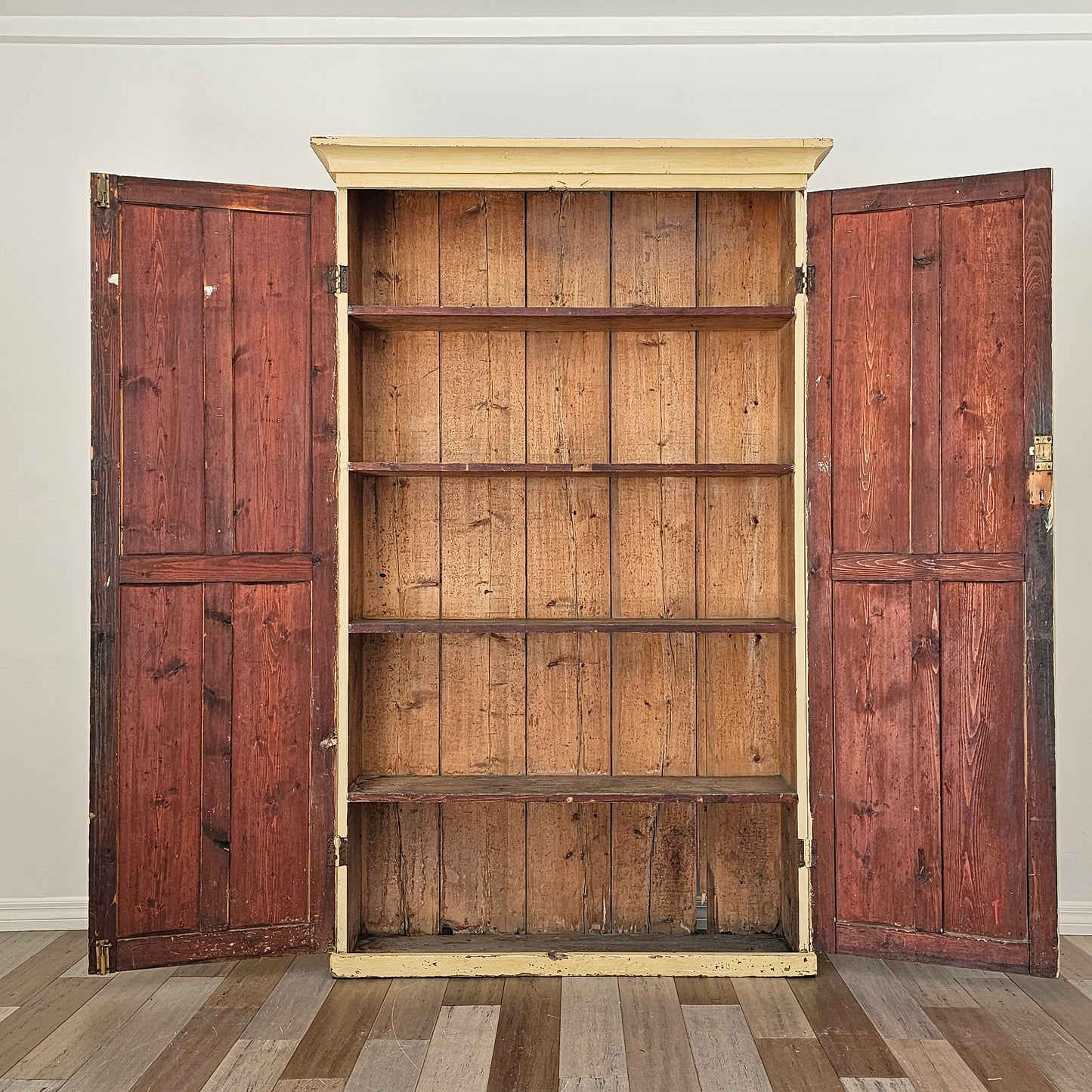 Antique Pale Yellow Painted Pine Cabinet - Circa 1905