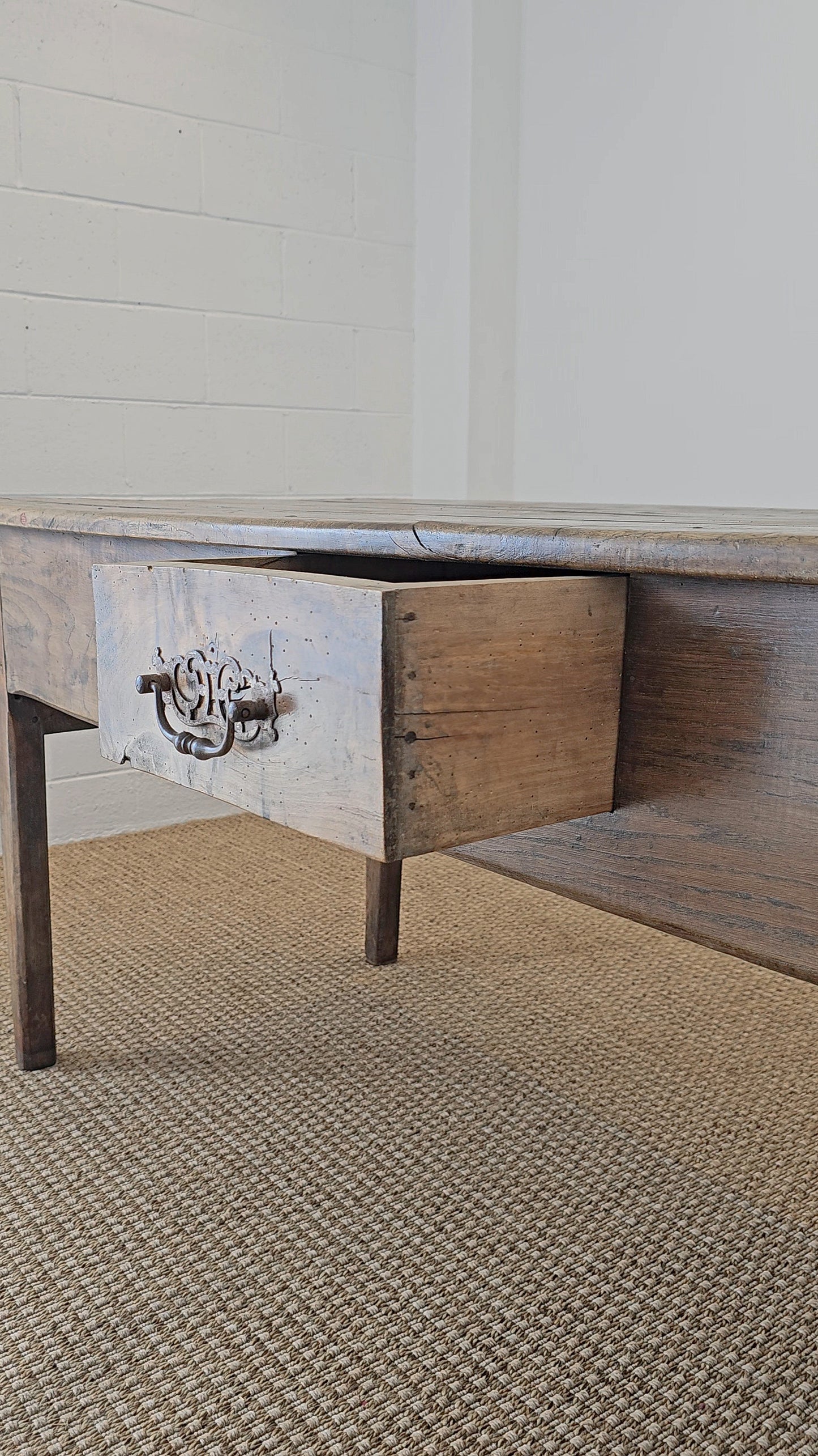 Antique French Elm Farm Dining Table with Drawers - Circa 1870