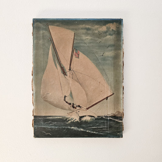 Antique Maritime Oil Painting – 19th-Century Sailing Yacht in Open Seas