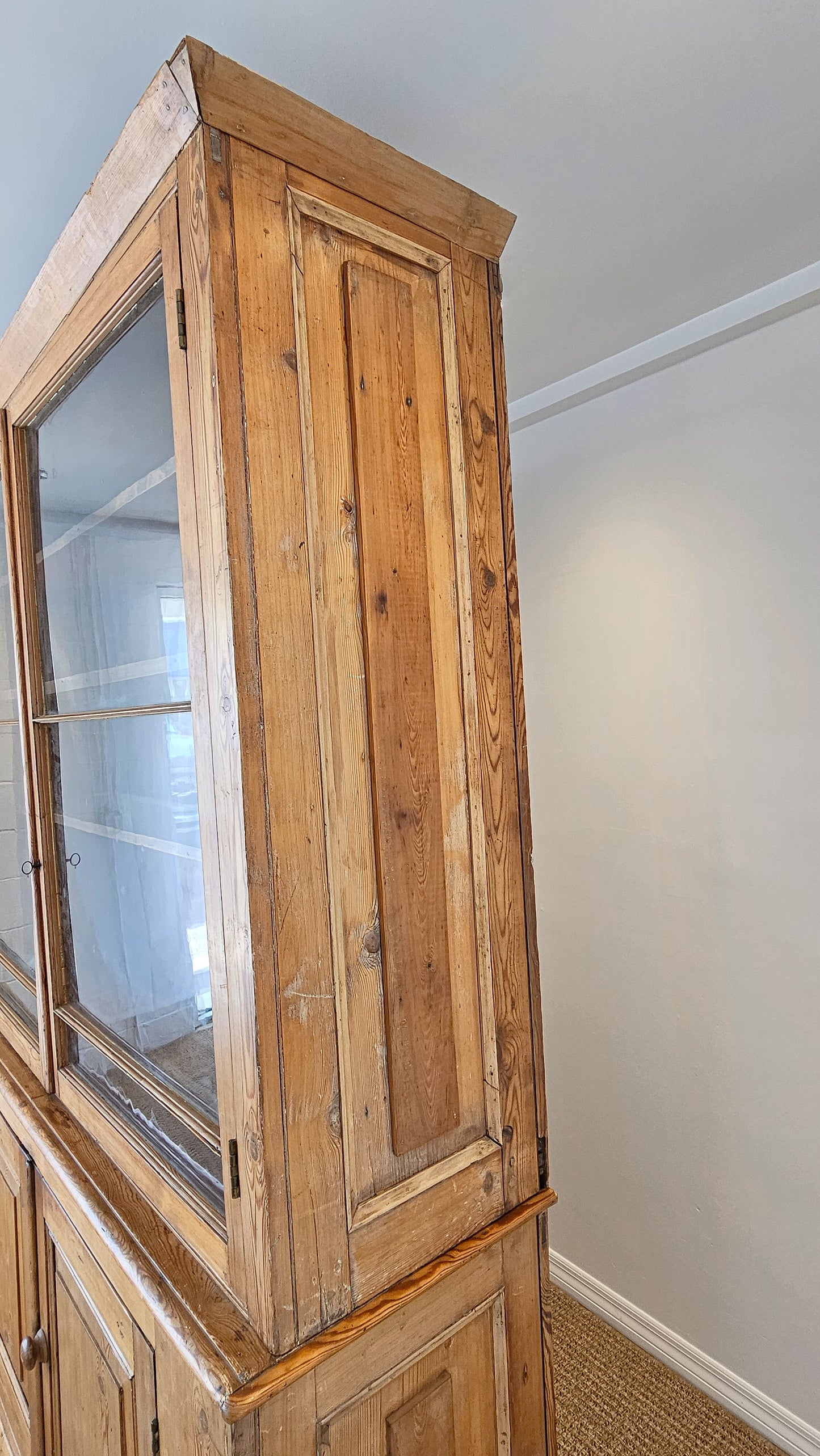 Grand Antique English Pine Cabinet with Glass Doors - Circa 1890