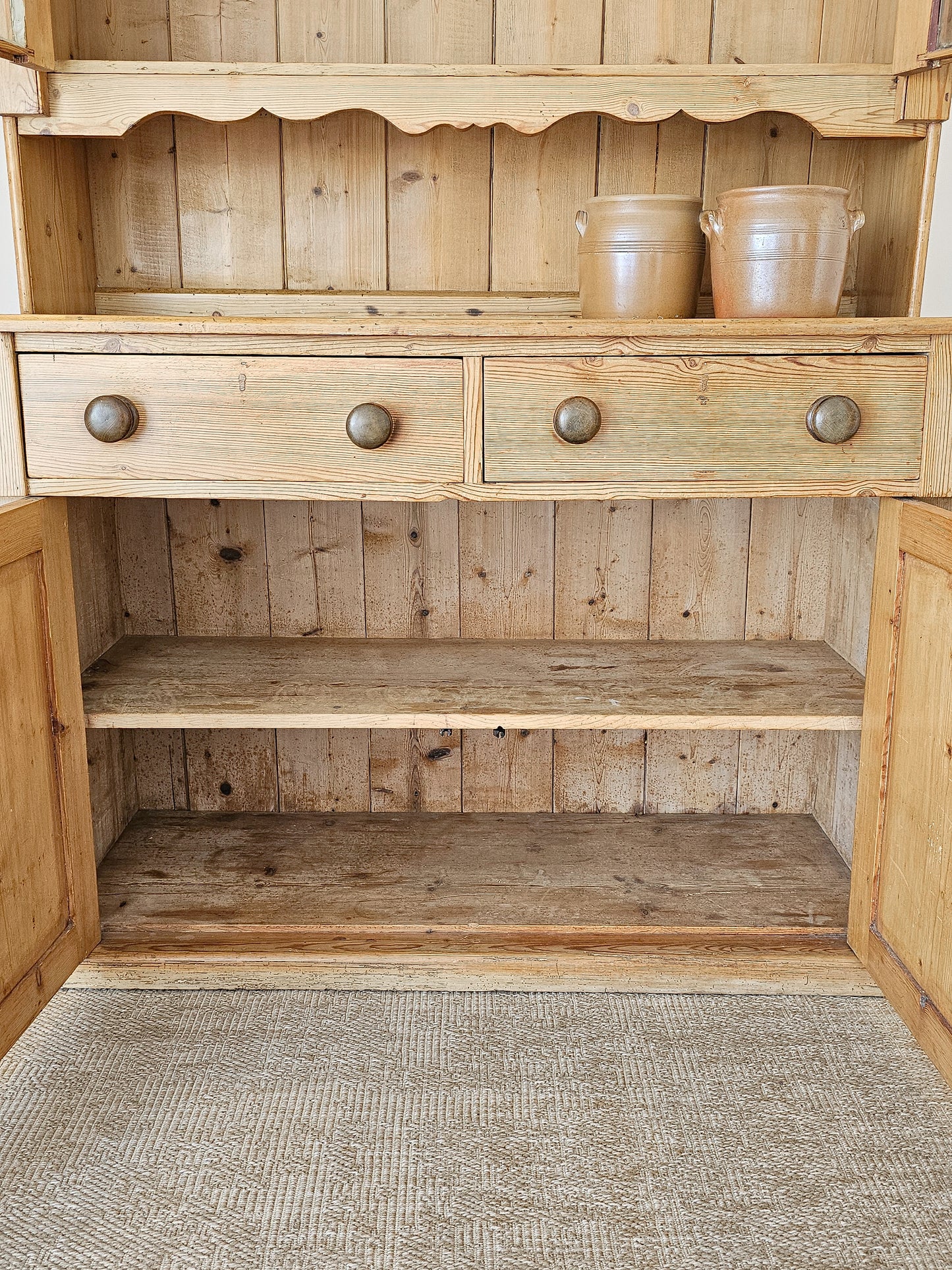 Antique English Pine Hutch with Glass Doors - Circa 1880