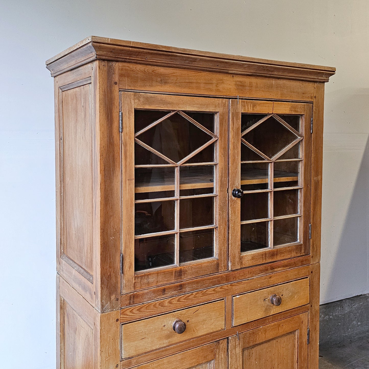 Antique English Pine Cupboard with glass doors - 1870