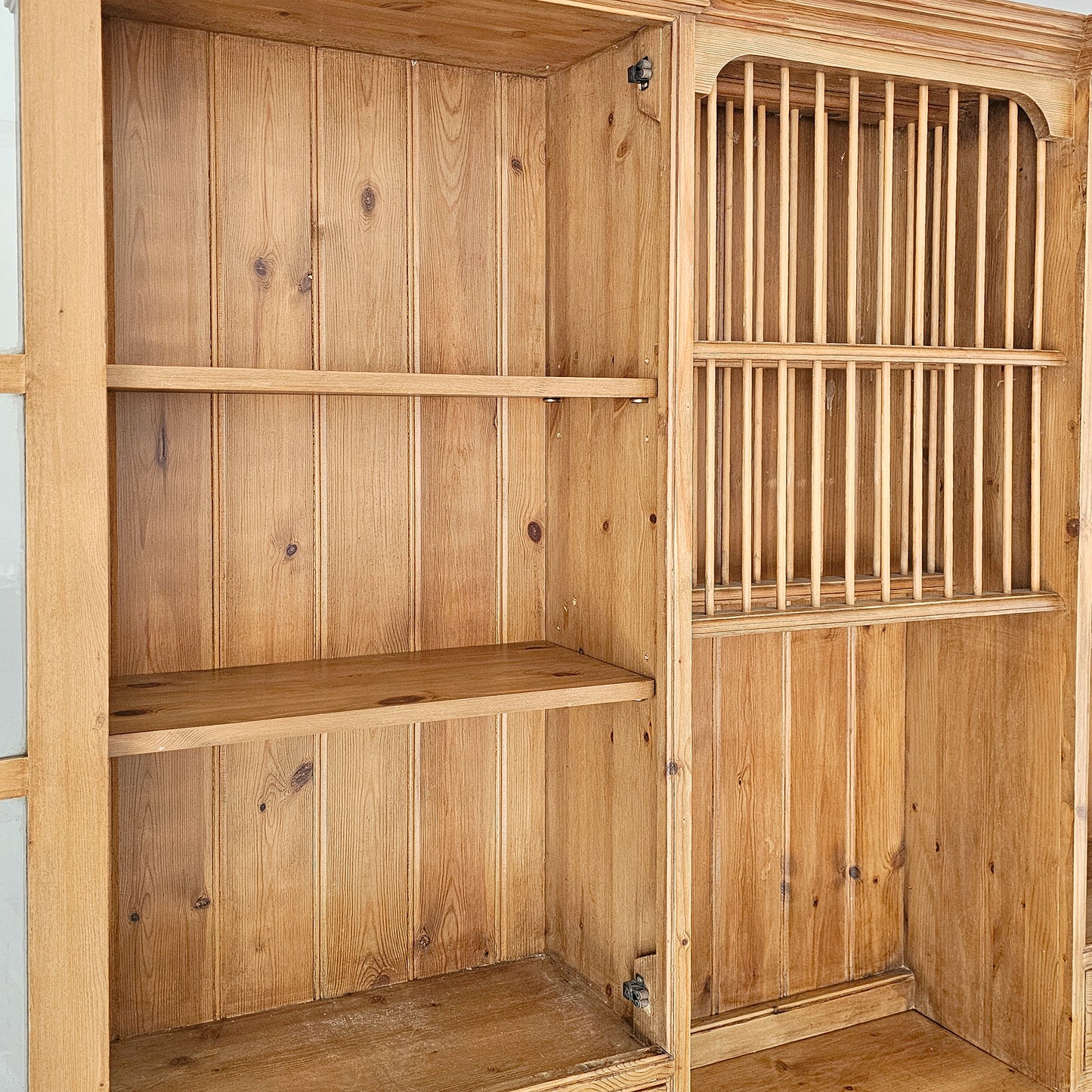 Vintage English Pine Kitchen Hutch with Plate Rack & Wine Storage