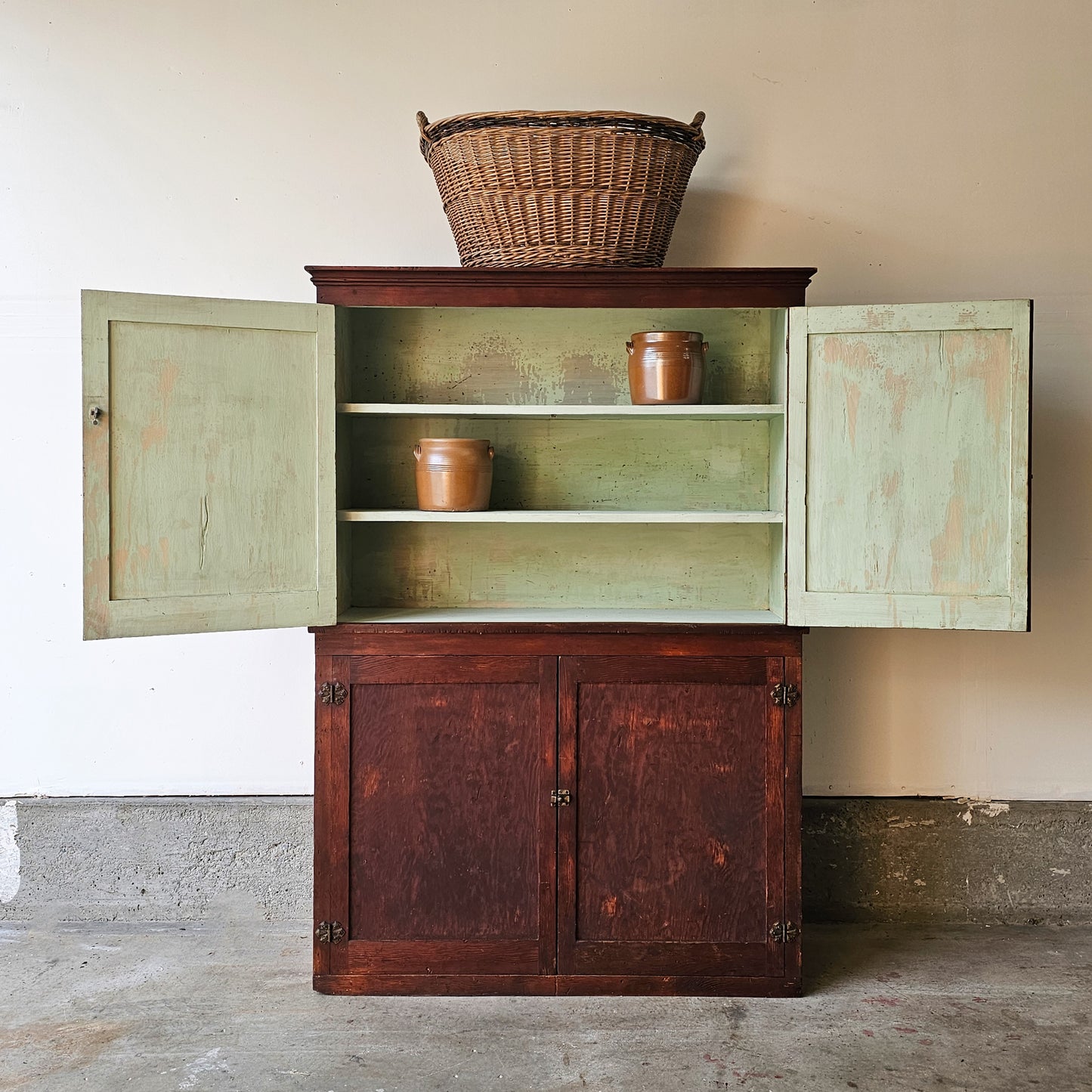 Antique fir cabinet - green painted interior