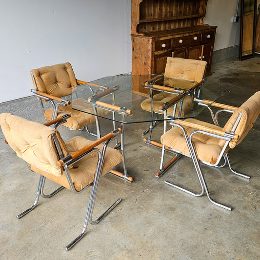 Circa 1970s Chrome & Glass Dining Set with Oak Armchairs 5-Piece Set